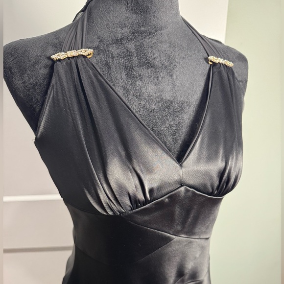 Cache Black Satin fit and flare halter Dress gold embellishment flattering - Picture 2 of 9